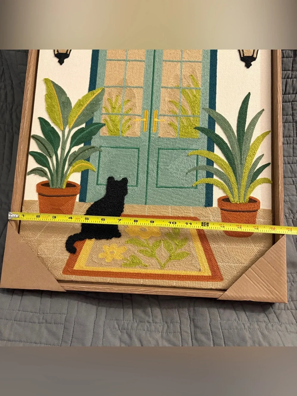 NEW BP Home Woven Embroidery Wall Art Black Cat at Door Plants 17
